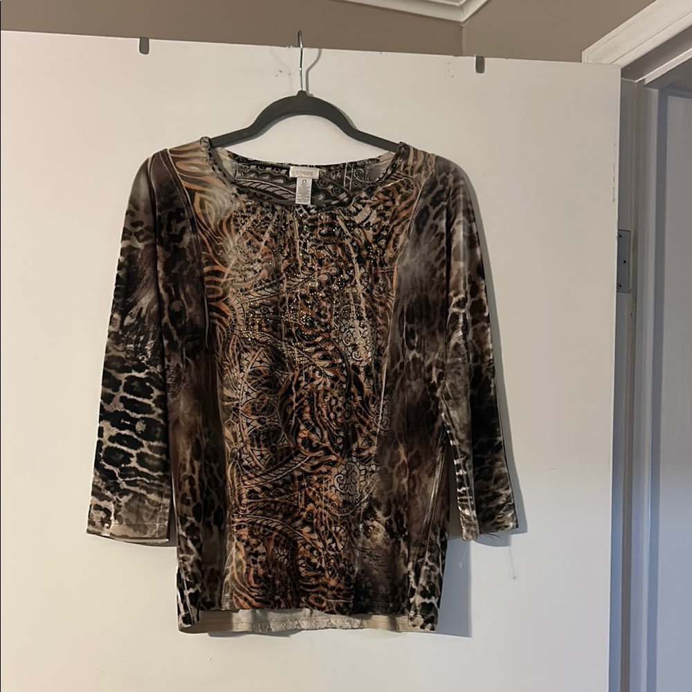 Chico's Brown, Green, Gold and Black 3/4 Sleeve Blouse with Rhinestones in Gold